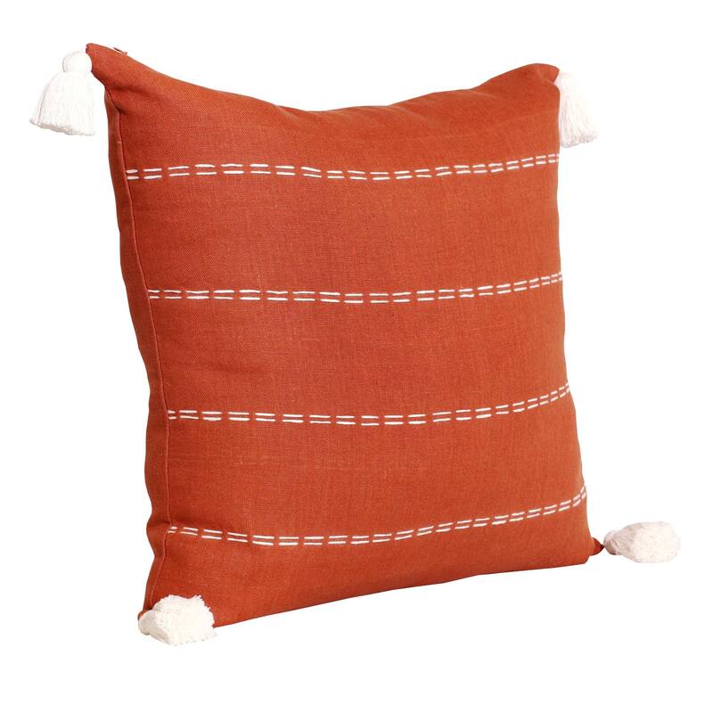 Handwoven Rust Striped Square Throw Pillow with Tassels - 20" - Orange and Ivory