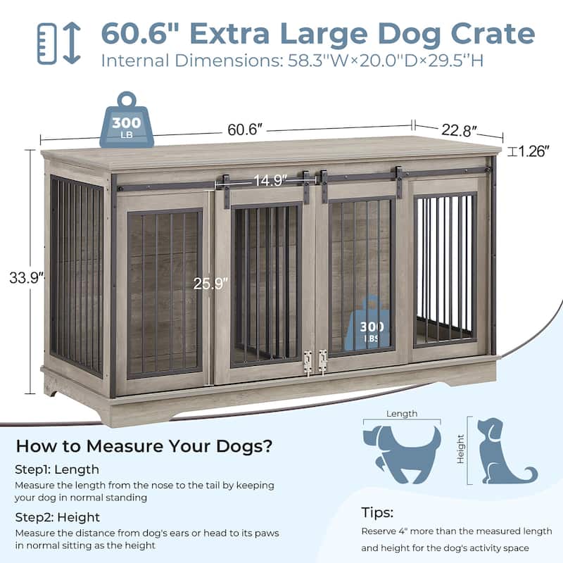 Sapphome Dog Crate Furniture Large Breed TV Stand with 2 Sliding Doors,Grey