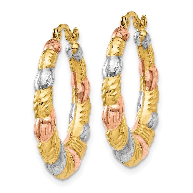 Curata 14k Yellow Gold Textured White And Rose Rhodium 3x23mm Scalloped Hoop Earrings