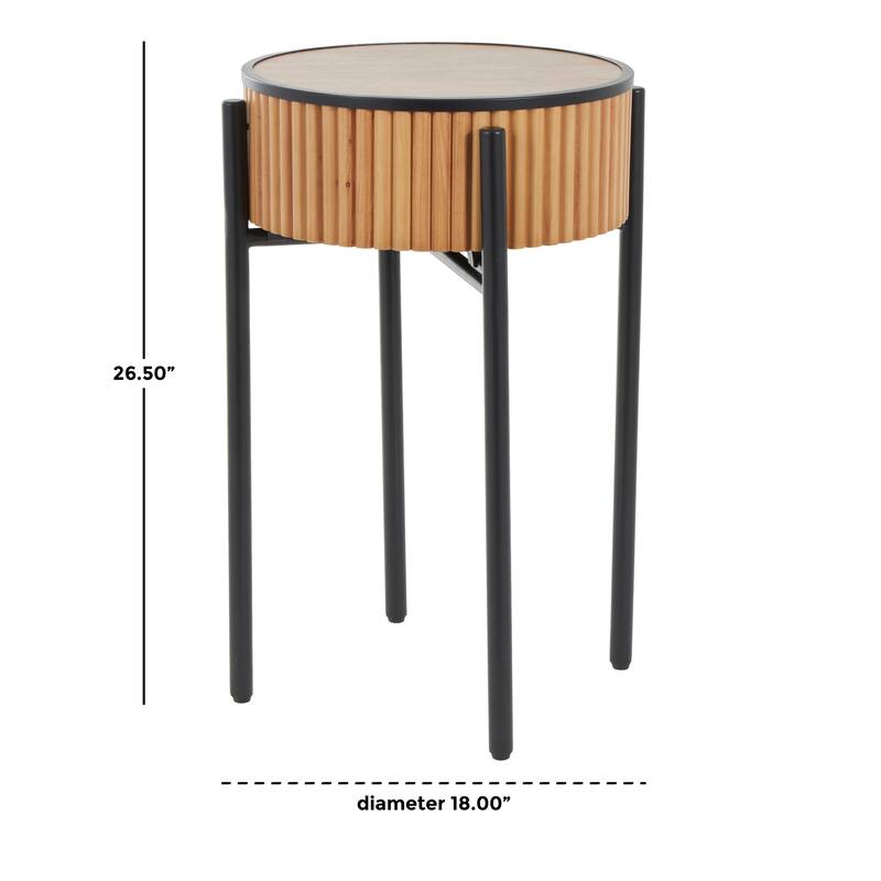 Brown Wood Handmade Slatted Drum Side End Accent Table with Black Metal Legs