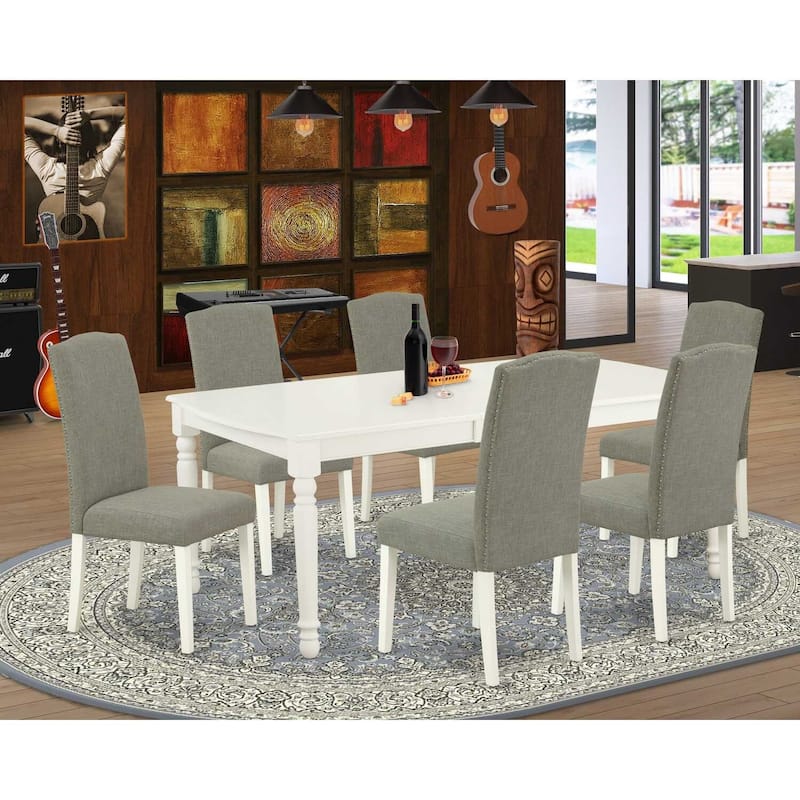 Rectangle Dining Set 7Pc - 60x78 Inch Table w/ Leaf & 6 Chairs - Linen White Legs, Dark Shitake Fabric
