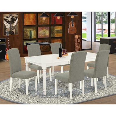 Rectangle Dining Set 7Pc - 60x78 Inch Table w/ Leaf & 6 Chairs - Linen White Legs, Dark Shitake Fabric