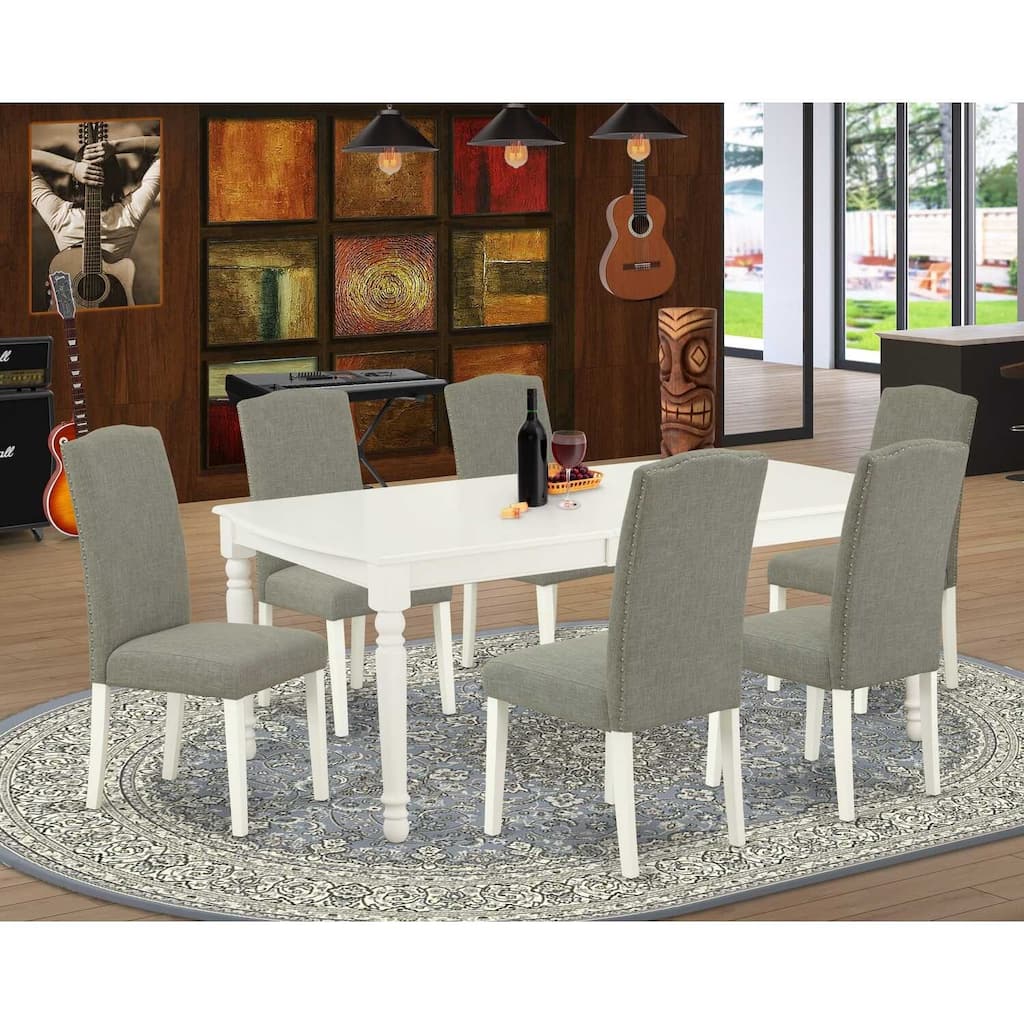 Rectangle Dining Set 7Pc - 60x78 Inch Table w/ Leaf & 6 Chairs - Linen White Legs, Dark Shitake Fabric