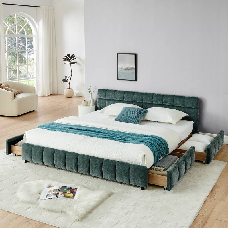 Block Thick Chenille Low Profile Platform Bed Fabric Upholstered Bedframe with Headboard Solid Wood Frame - Optional Storage Bed - Blue Green with Drawers - King