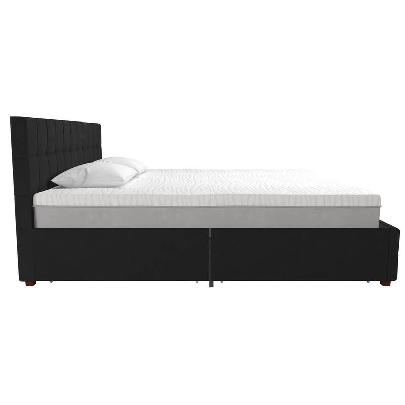 Roomfitters King Velvet Upholstered Bed Frame with Storage Drawers and Square Tufted Headboard, Black - Black