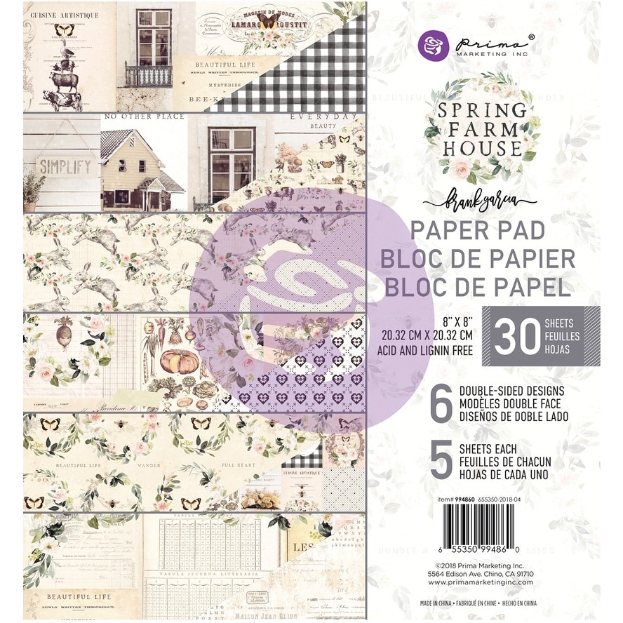 Prima Marketing Double-Sided Paper Pad 8/"X8/" Spring Farmhouse 6 Designs//5 Each