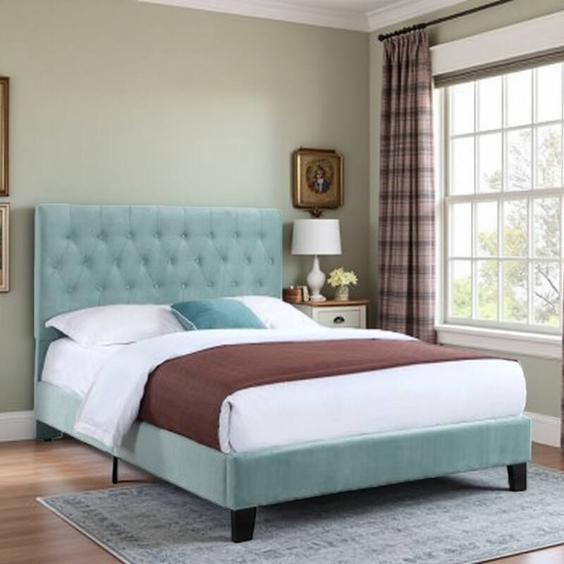 Light Blue Queen Size Upholstered Bed in Transitional Design with Easy Assembly - Queen Blue - Queen