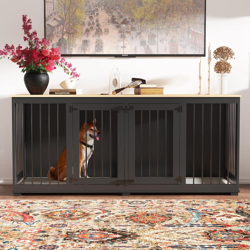 Large Dog Crate Furniture, 70.9"L Wooden Dog Crate Kennel with Divider