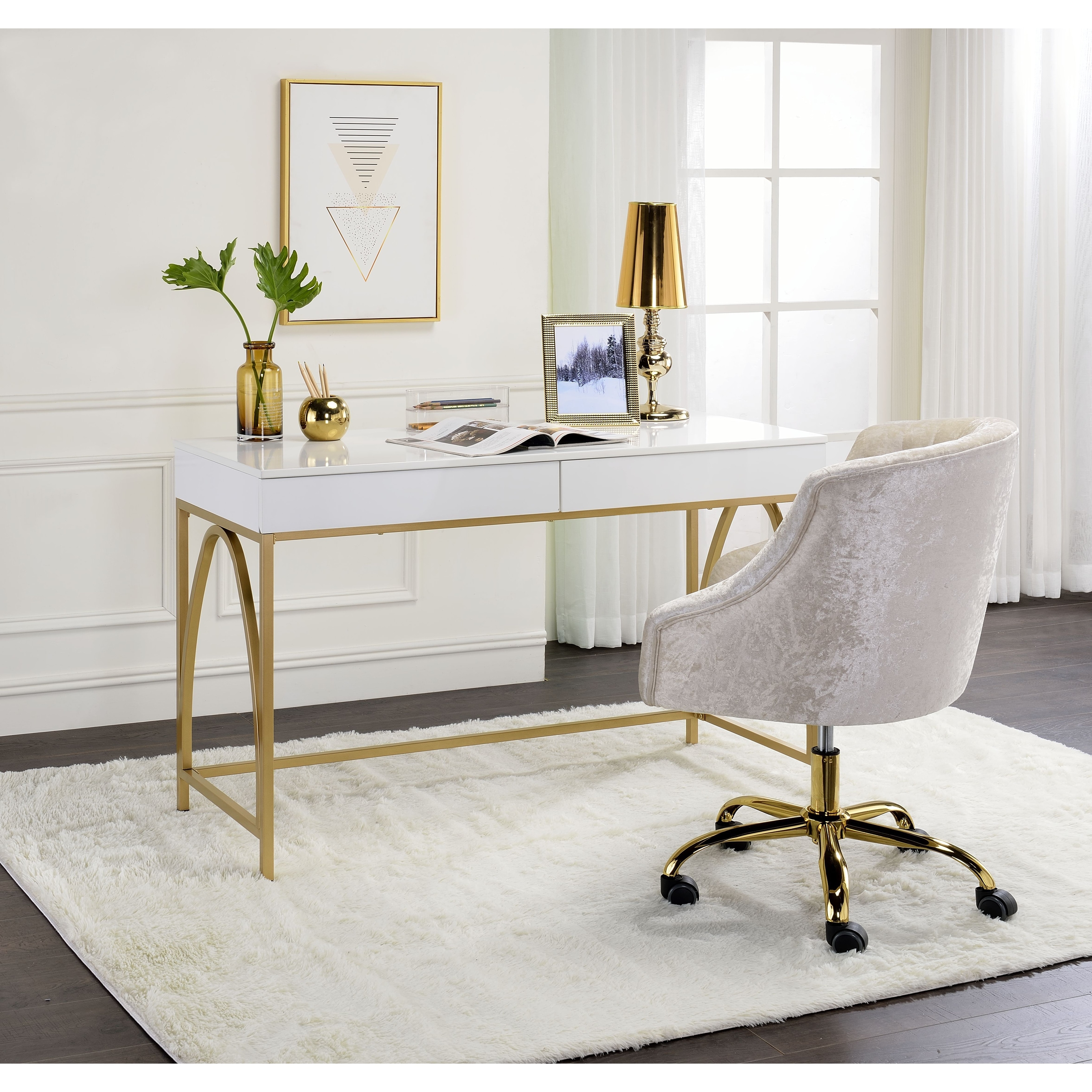 47 Modern Rectangular White Writing Desk with Gold Metal Base Wooden Home Office Desk with Drawer