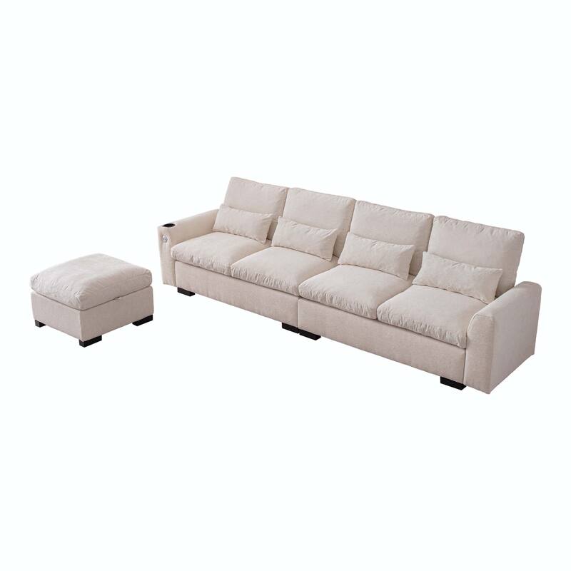 114.5"Modern L Shaped Chenille Sofa with Ottoman and USB Ports