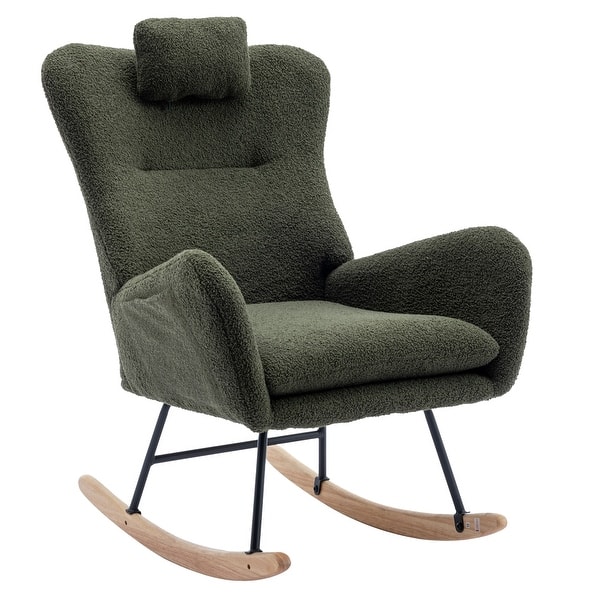 slide 2 of 50, Modern Living Room Teddy Fabric Rocking Chair with Pocket and Headrest, Dark Green
