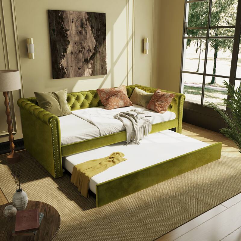 Christopher Knight Home - Augusta Velvet Upholstered Tufted Daybed with Trundle Design - Green