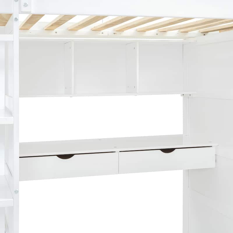Twin Size Solid Wood Loft Bed with Desk, Wardrobes, 4 Drawers and 4 Shelves for Kids, Bedroom