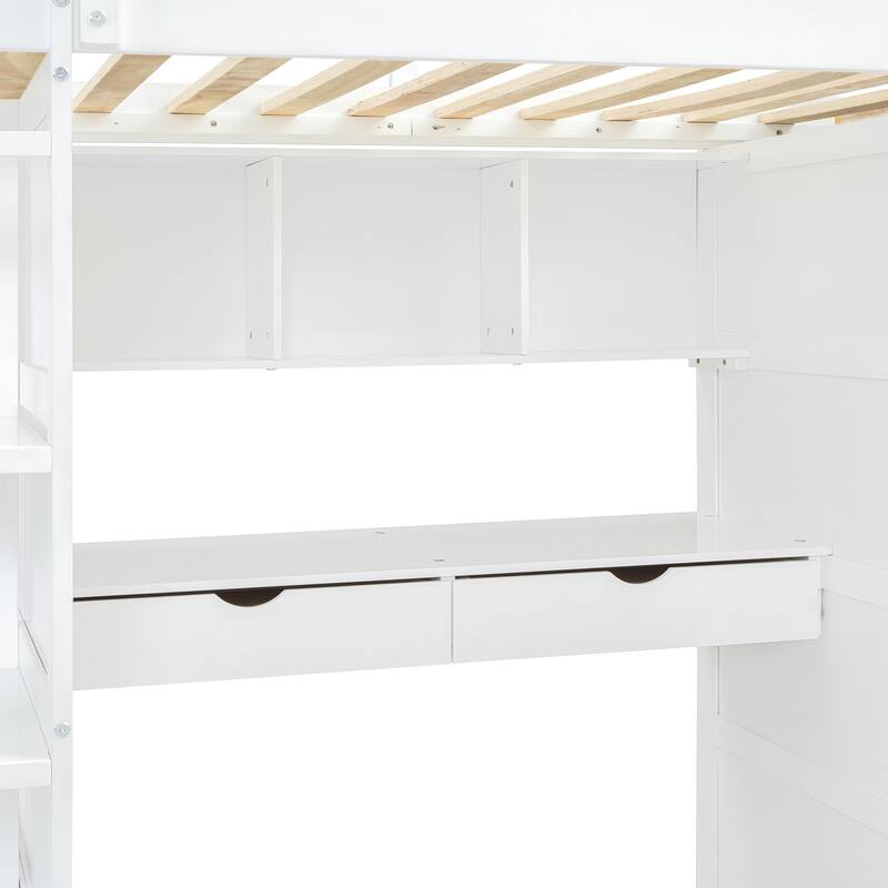 Twin Size Solid Wood Loft Bed with Desk, Wardrobes & Drawers