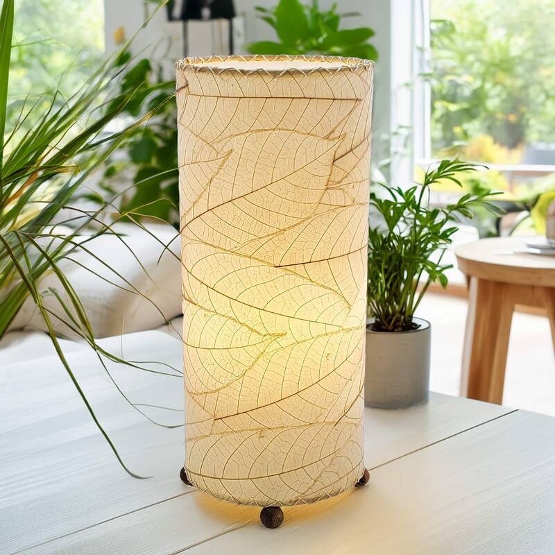 Eangee Handmade Cocoa Leaf Cylinder Table Lamp, Cocoa Leaves Shade, 7 x 7 x 17 in. - Natural