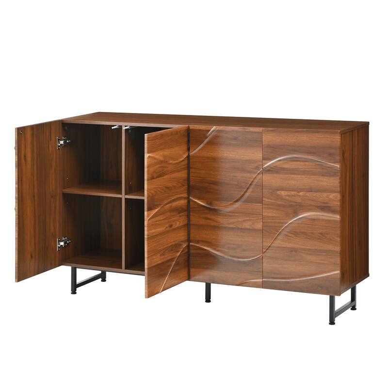 Modern Solid Wood Sideboard with Wave Relief Design, Large 4 Door Storage Cabinet Walnut Texture Buffet Sideboard