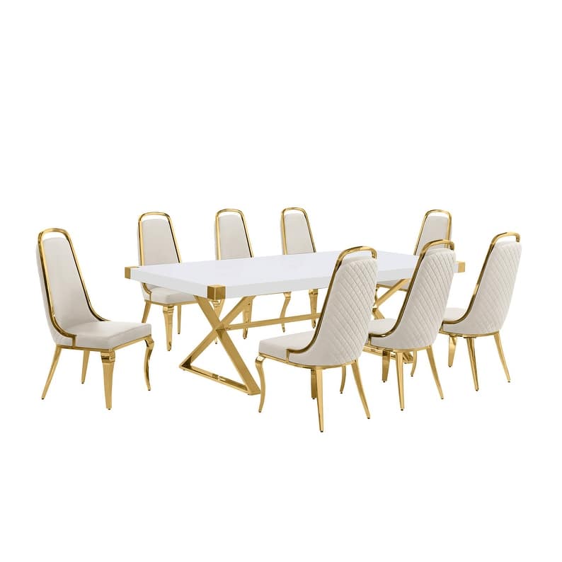 Best Quality Furniture D442/3-SC310-7 Dining Set with 94" White Lacquer Wood Top