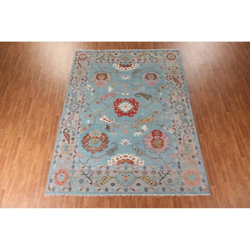 Light Blue Floral Oushak Area Rug Hand-Knotted Oriental Wool Carpet - 8'11"x 11'10"