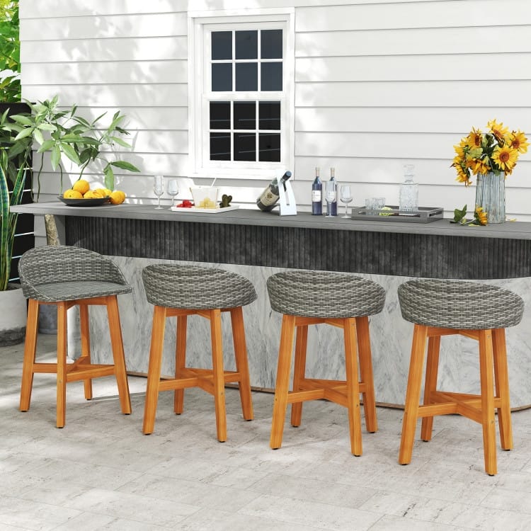 Acacia Wood and Rattan Patio Bar Stools Set of 2 with Backrest and Armrests - 21" x 19" x 32.5" (L x W x H)