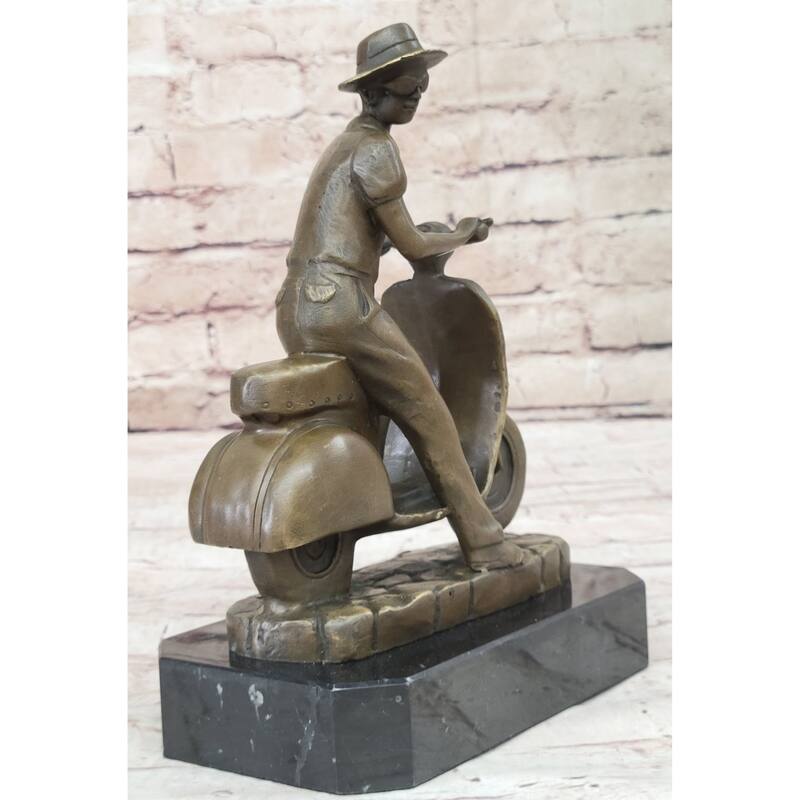 Man Riding Moped Bike Solid Bronze Sculpture Memorabilia Collectible Artwork