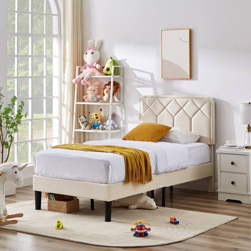 VECELO Adjustable Height Velvet Upholstered Bed Diamond Tufted Headboard with 7.8" Underbed Storage No Box Spring Needed - Beige - Twin