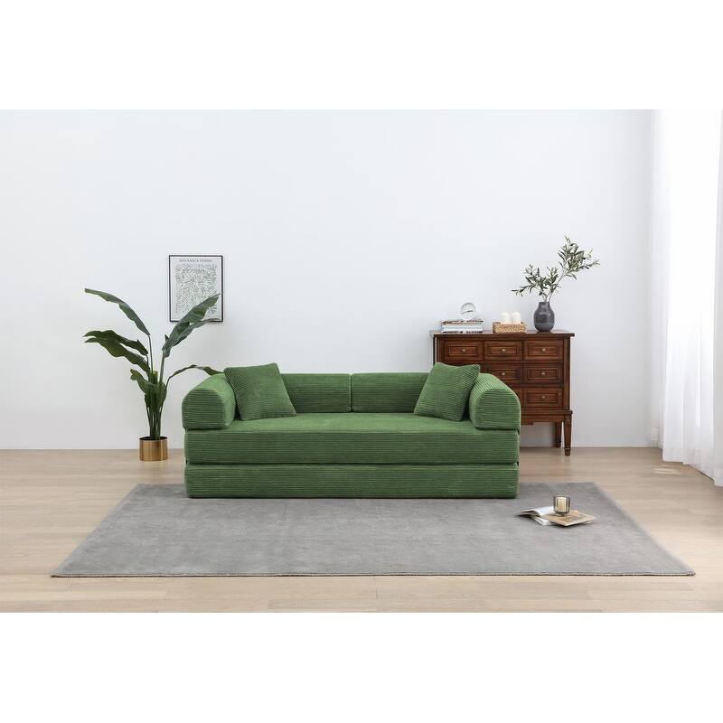 Convertible Sleeper Sofa Bed, Corduroy 3-Seat Fold-Out Couch with Pillow