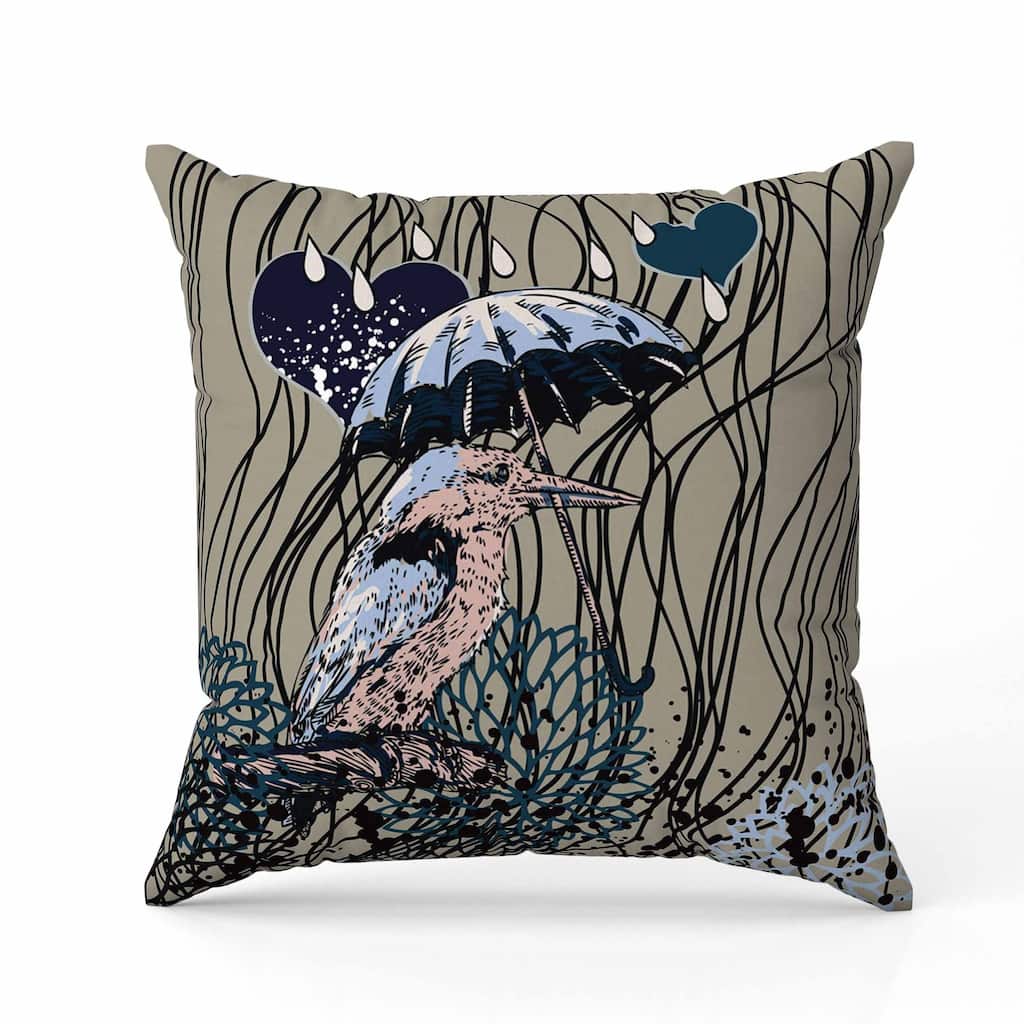Bird with Umbrella Faux Suede Reversible Throw Pillow Grayish and Yellow