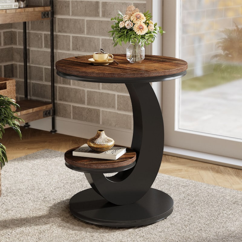 2-Tier Round End Side Table Bedside Nightstand with Storage Shelf - Brown+Black