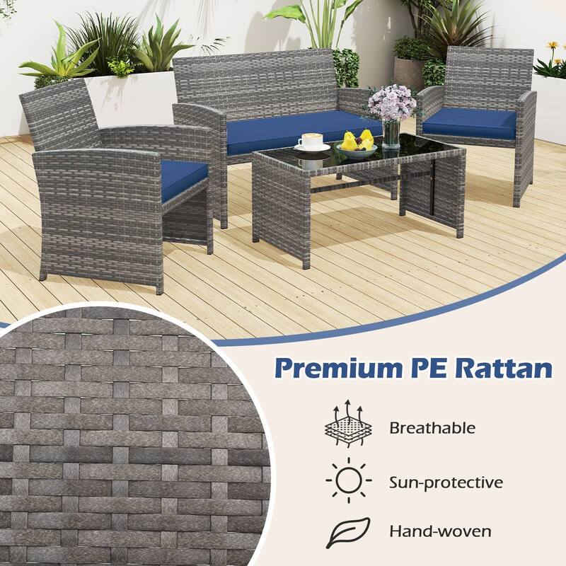 4 Piece Outdoor Patio Furniture Set Mix Gray PE Rattan Loveseat Armchairs and Tempered Glass Coffee Table with Cushions