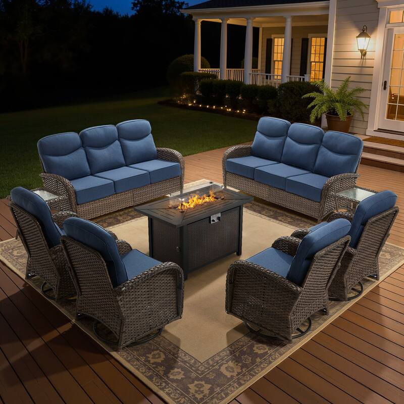 Meyreso 9-Piece Wicker Outdoor Patio Fire Pit Sofa Set with 6-Inch Thick Cushions