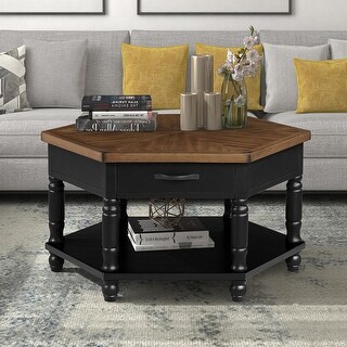 2 Tier Retro Hexagon Living Room Solid Wood Coffee Table with Shelf ...