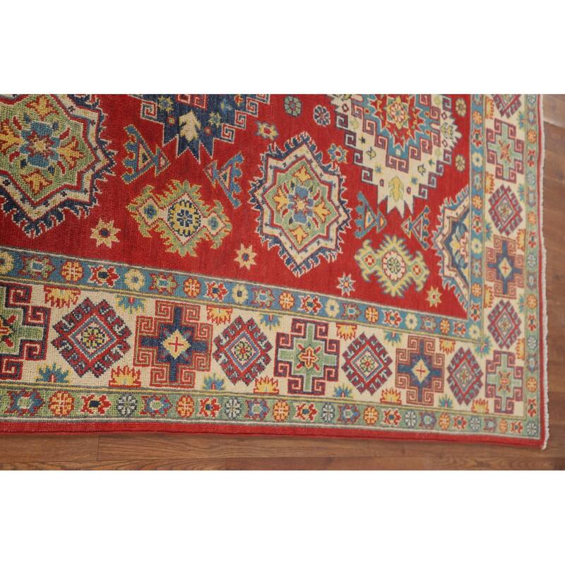 Geometric Red Kazak Area Rug Hand-Knotted Traditional Wool Carpet - 4'11" x 7'1"