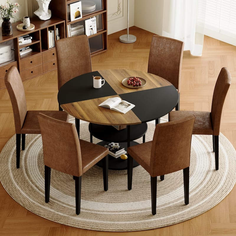 47.3" Round Dining Table Set for 6 with 6 Upholstered Chairs, Double-Layer Storage Dining Table for Home, Dining Room
