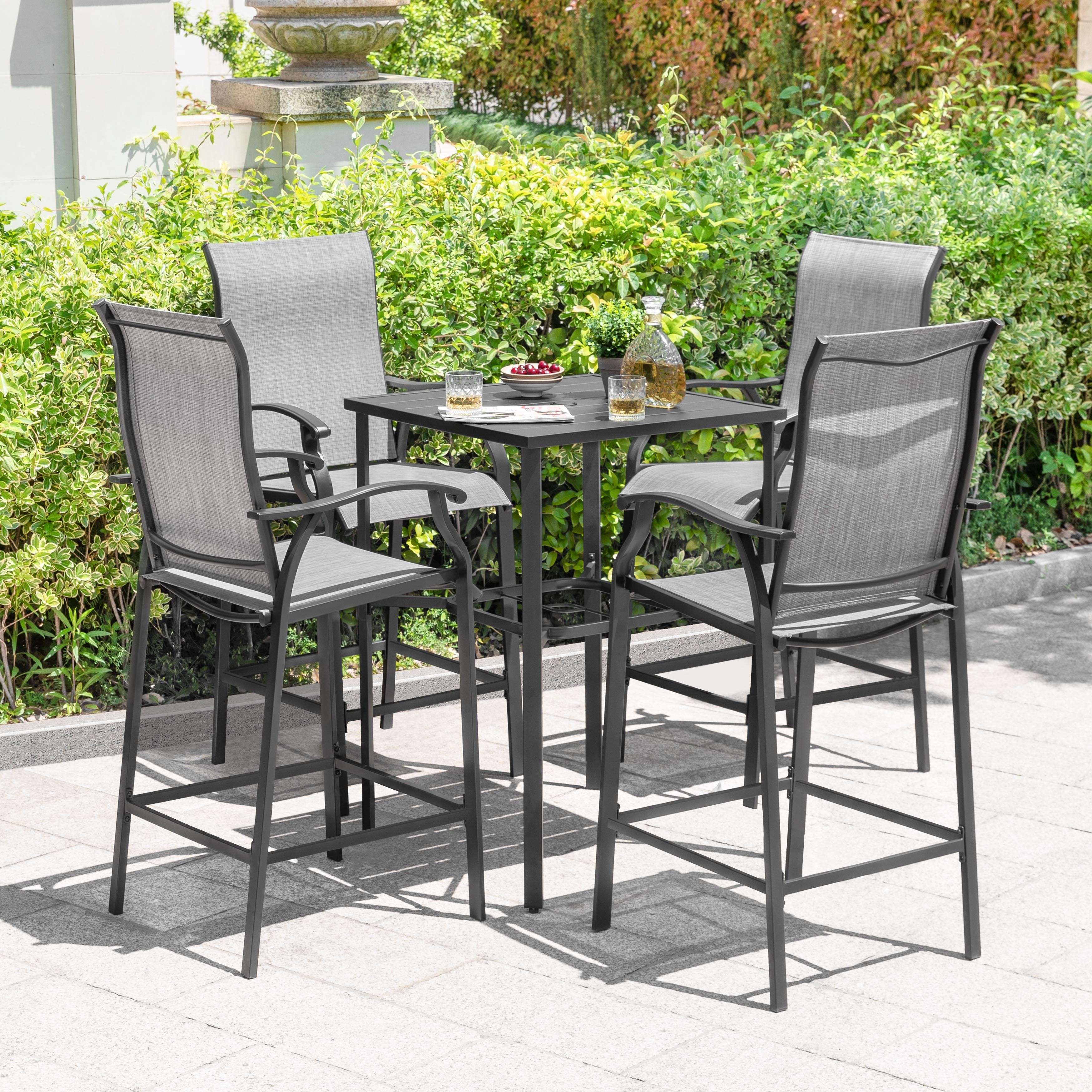 Nuu Garden Outdoor 5-Piece Textilene Bar Set, Height Back Bar Stools and Umbrella Hole