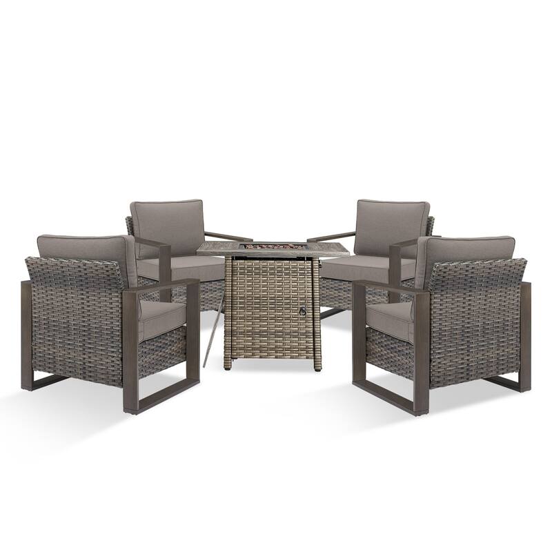 Pocassy 5 Pieces Outdoor All-Weather Chair with Fire Table Set