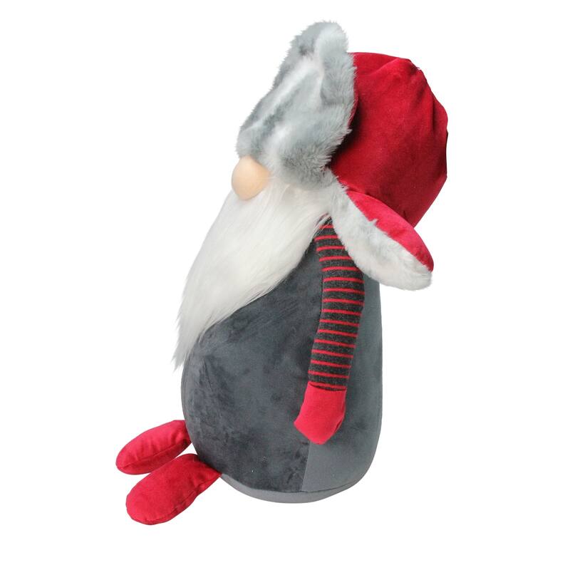 14" Dark Grey Gnome with Red Grey Fur Trapper Hat Christmas Decoration