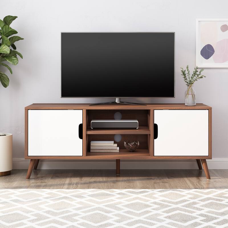 Mid-Century Modern White and Walnut TV Stand with 3 Drawers for TVs Up to 49"