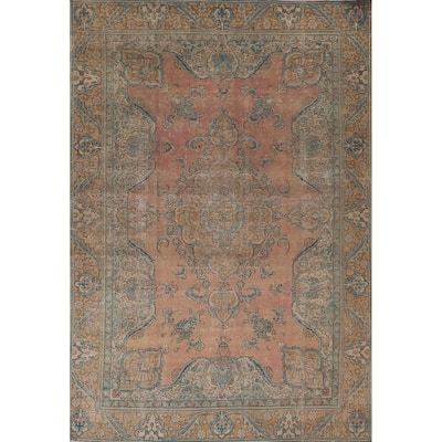 Distressed Tabriz Persian Vintage Rug Hand-Knotted Coral Wool Carpet - 7'7"x 10'9"