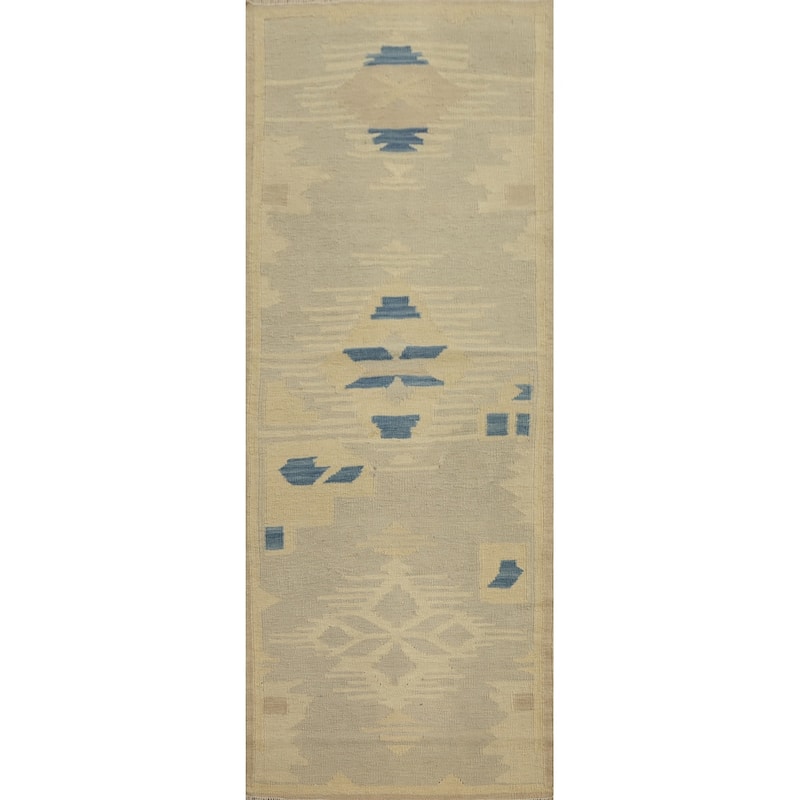 Hand Woven Oriental 100% Wool Carpet Southwestern Tribal Greys & Charcoal Kilim Runner Rug - 6' 0'' X 2' 1''