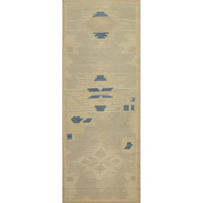 Hand Woven Oriental 100% Wool Carpet Southwestern Tribal Greys & Charcoal Kilim Runner Rug - 6' 0'' X 2' 1''