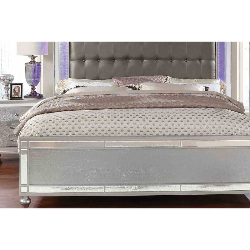 Modern 1pc LED Silver Finish Button Tufted Headboard Bed