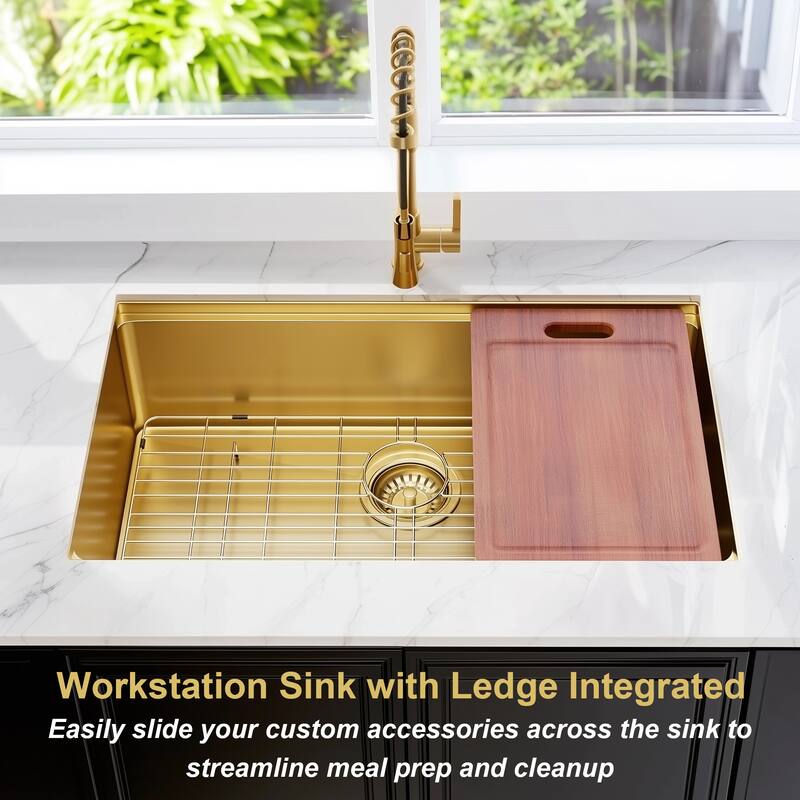Undermount Workstation Kitchen Sink Single Bowl Sink with Accessories - Gold