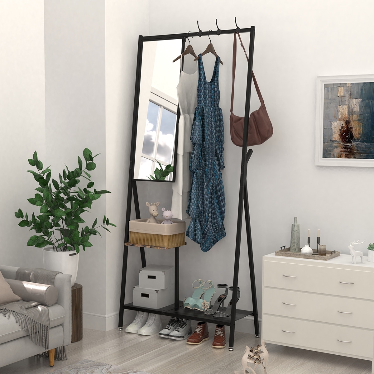 Coat Rack with Mirror Aluminum Frame Hall Tree Coat Hanger with Shoe Storage Standing Storage Shelf for Livingroom Bedroom