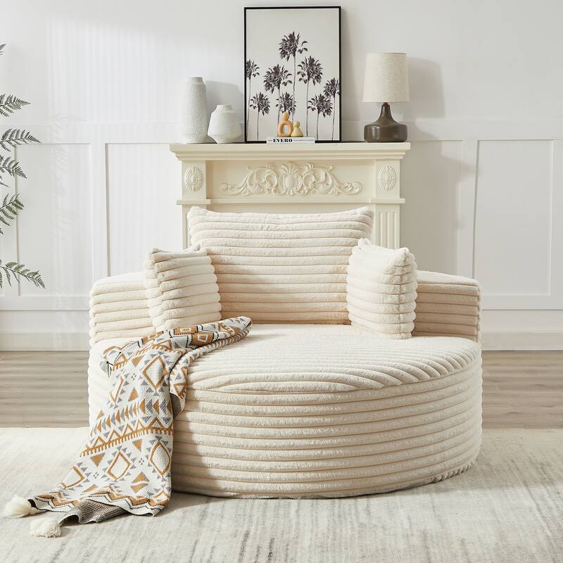 Oversized Round Chaise Lounge Corduroy Upholstered Single Sofa Chair with Cylindrical Neck Pillow and Integrated Backrest - Beige