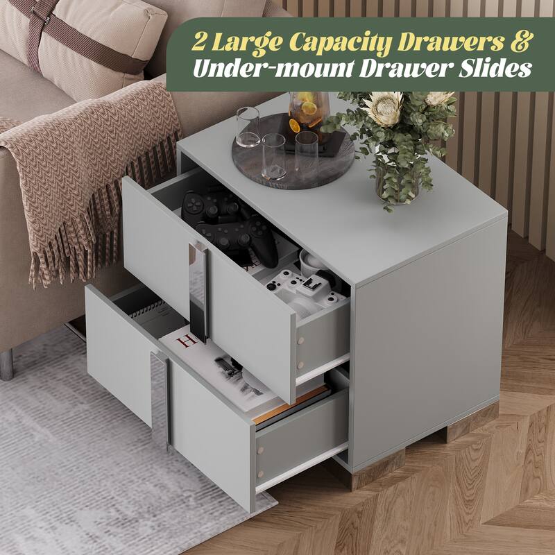 Modern End Table with Drawers, Elegant Nightstand with Metal Foot,Wood Bedside Table with Mirrored Metal Handles
