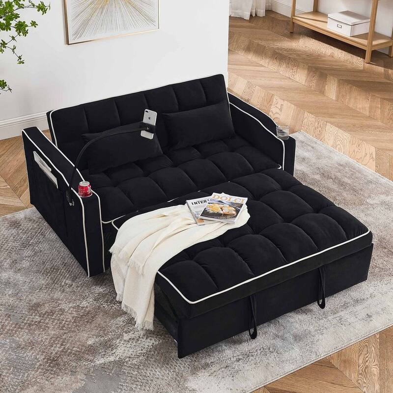 55.51'' Modern Versatile Foldable Sofa Bed With Adjustable Back and USB Port and Ashtray and Swivel Phone Stand