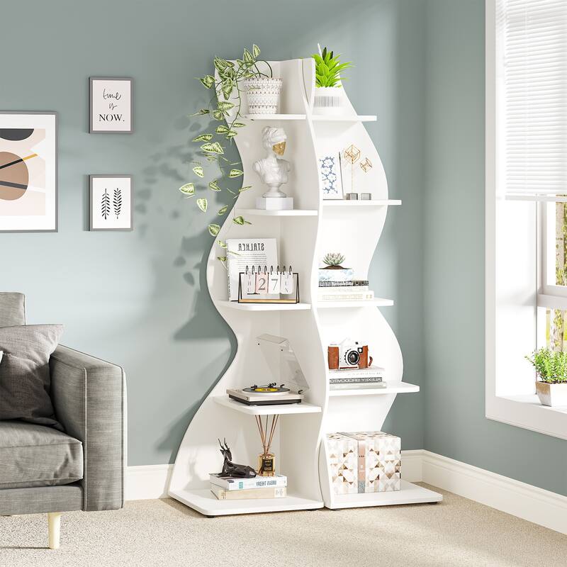 Modern Wood Corner Shelf, 5-Tier Bookshelf Bookcase for Living Room - 2PC - White