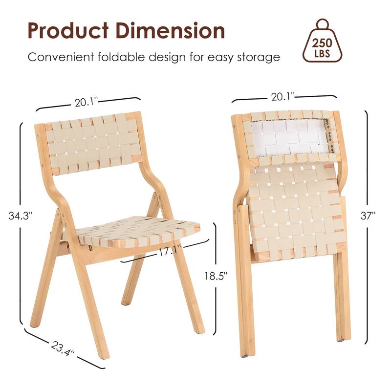 Wood Folding Chairs Set of 2, Wooden Indoor Stackable Dining Chairs for Kitchen & Dining Room Chair Woven Seat