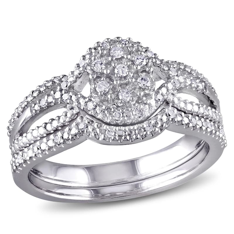 Miadora Sterling Silver 1/7ct TDW Diamond Cluster Split Shank Bridal Ring Set