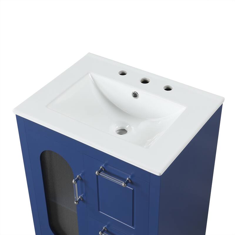 Freestanding Vanity for Bathroom with Ceramic Sink, Glass Cabinet Door, Drawers, Acrylic Bar Handles and Adjustable Shelf